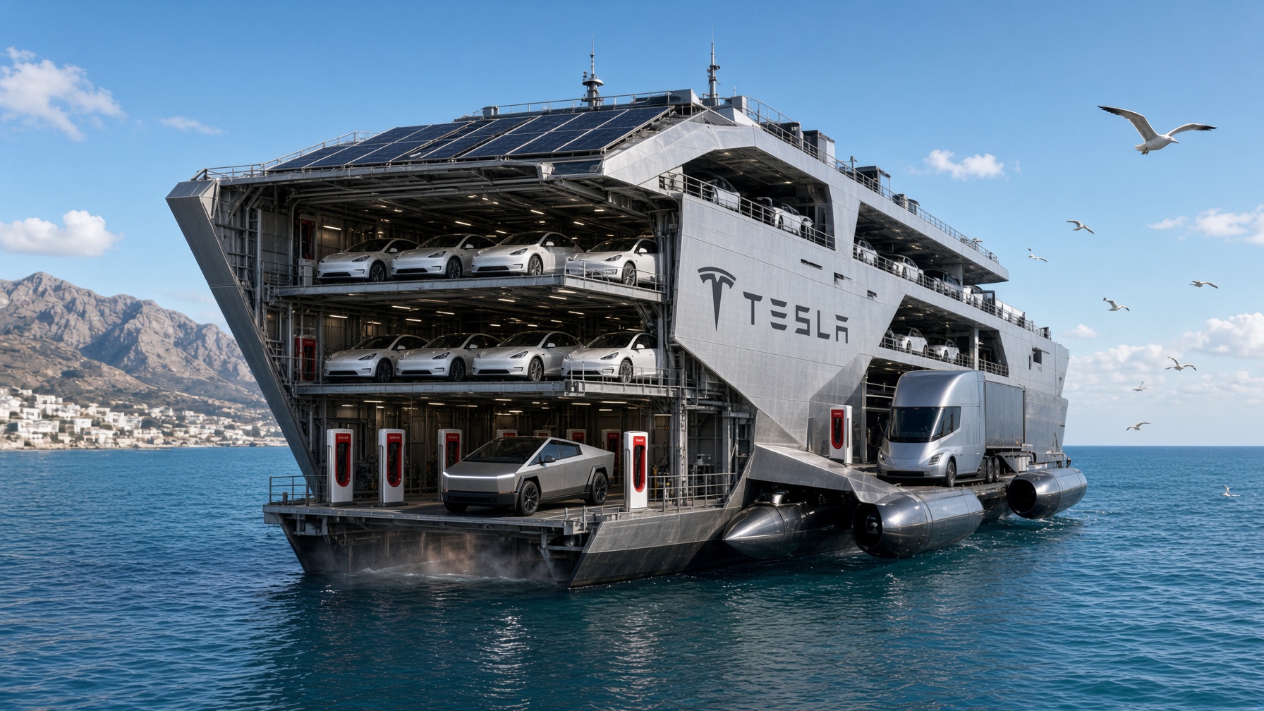 Architectural cutaway of the Tesla vehicle carrier showing vehicle decks, Superchargers, and azimuth pods