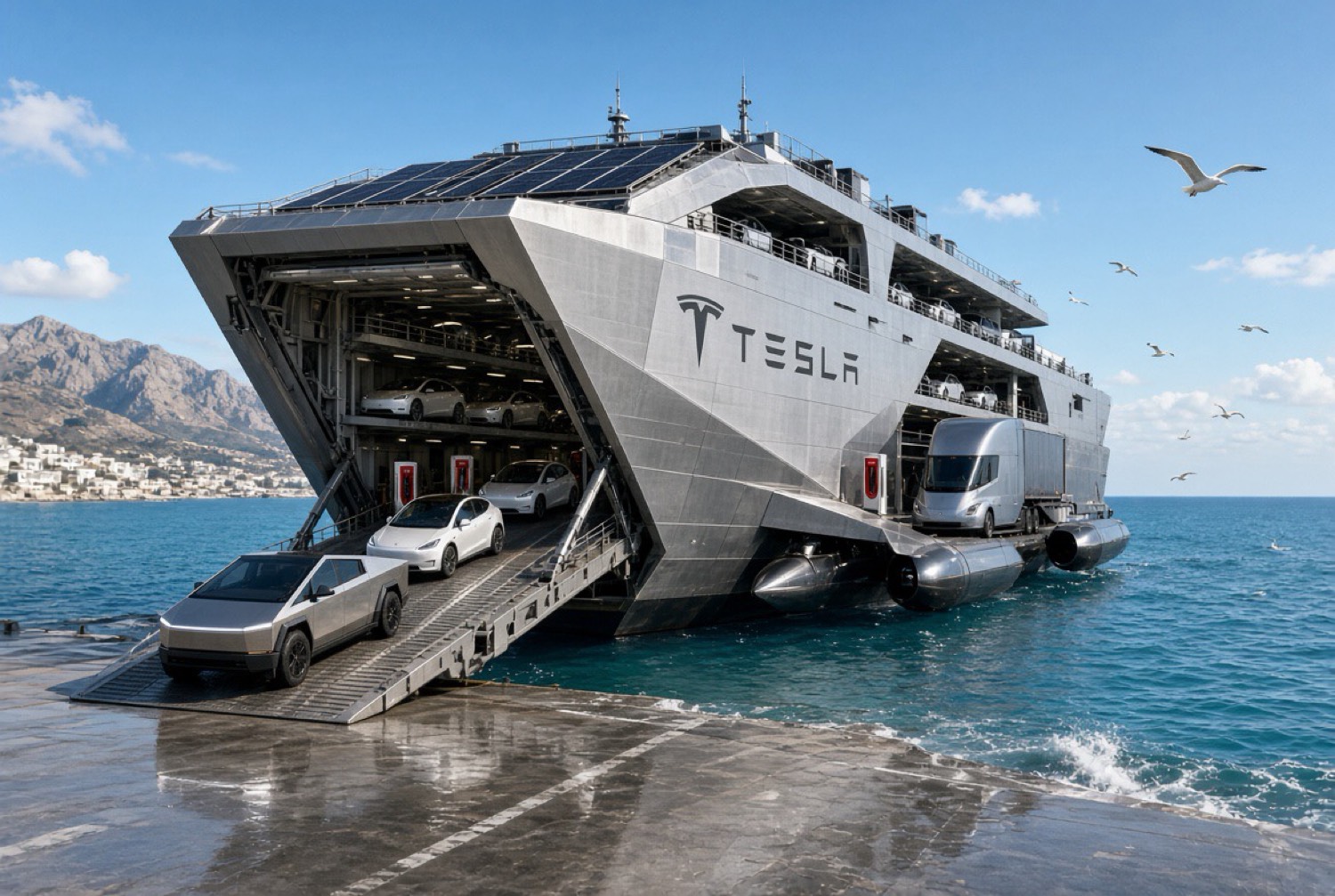 Tesla stainless vehicle carrier with Cybertruck driving off the bow ramp