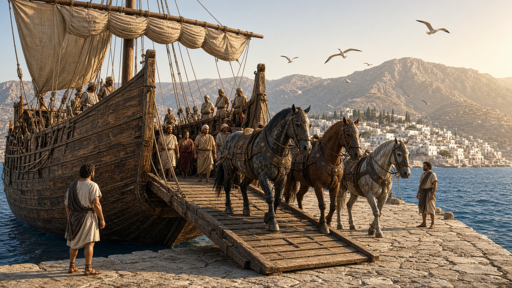 Ancient Mediterranean horse-transport ship with a wooden bow ramp and horses walking aboard