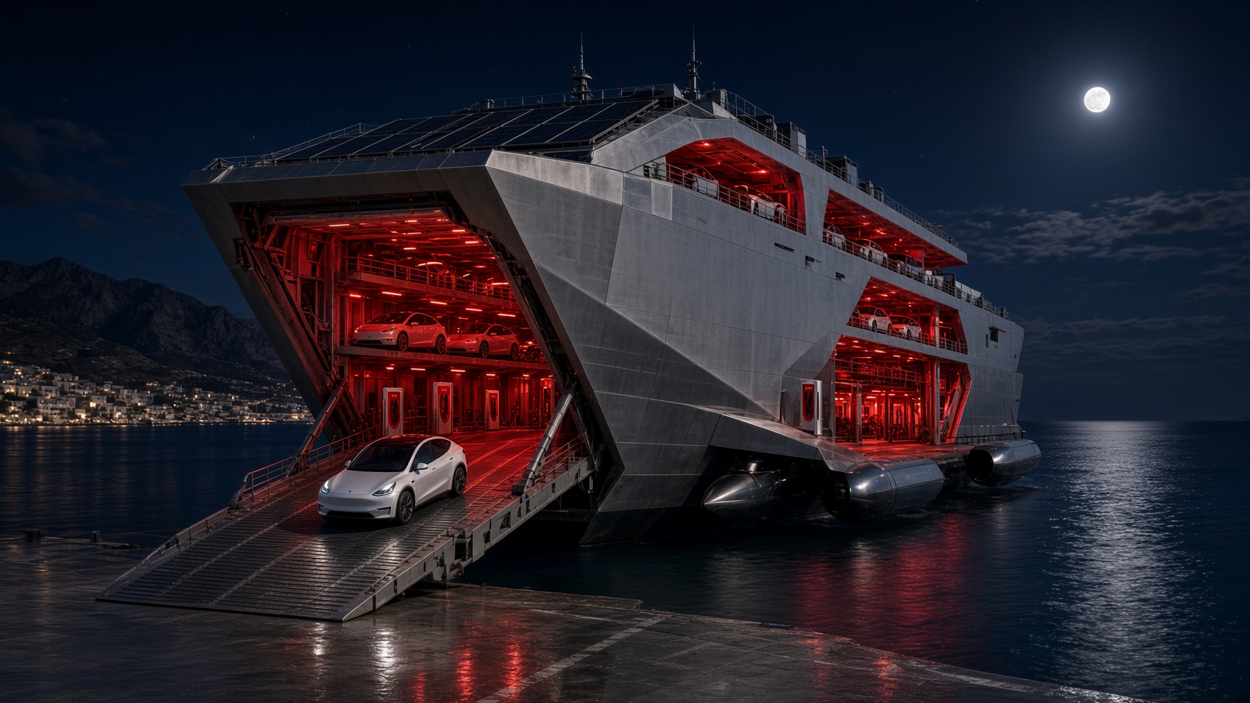 Tesla carrier at night with Supercharger light spilling from the open bow