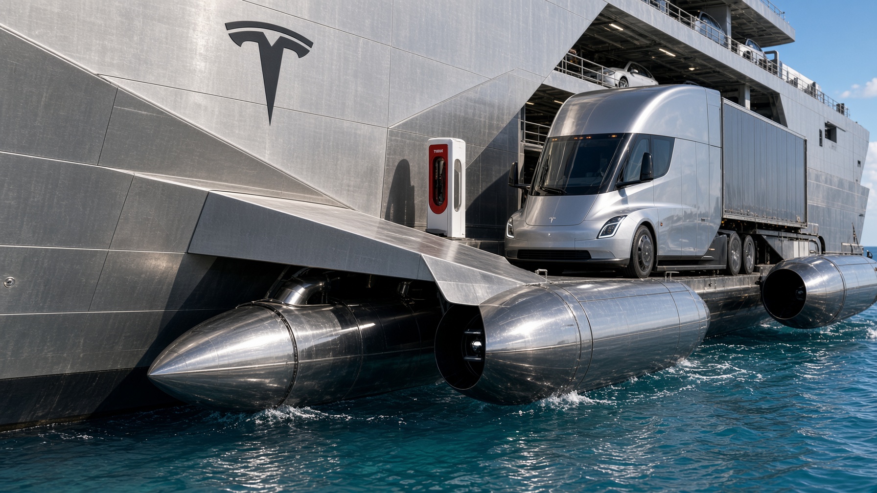 Tesla Semi on the starboard sponson above azimuth thruster pods