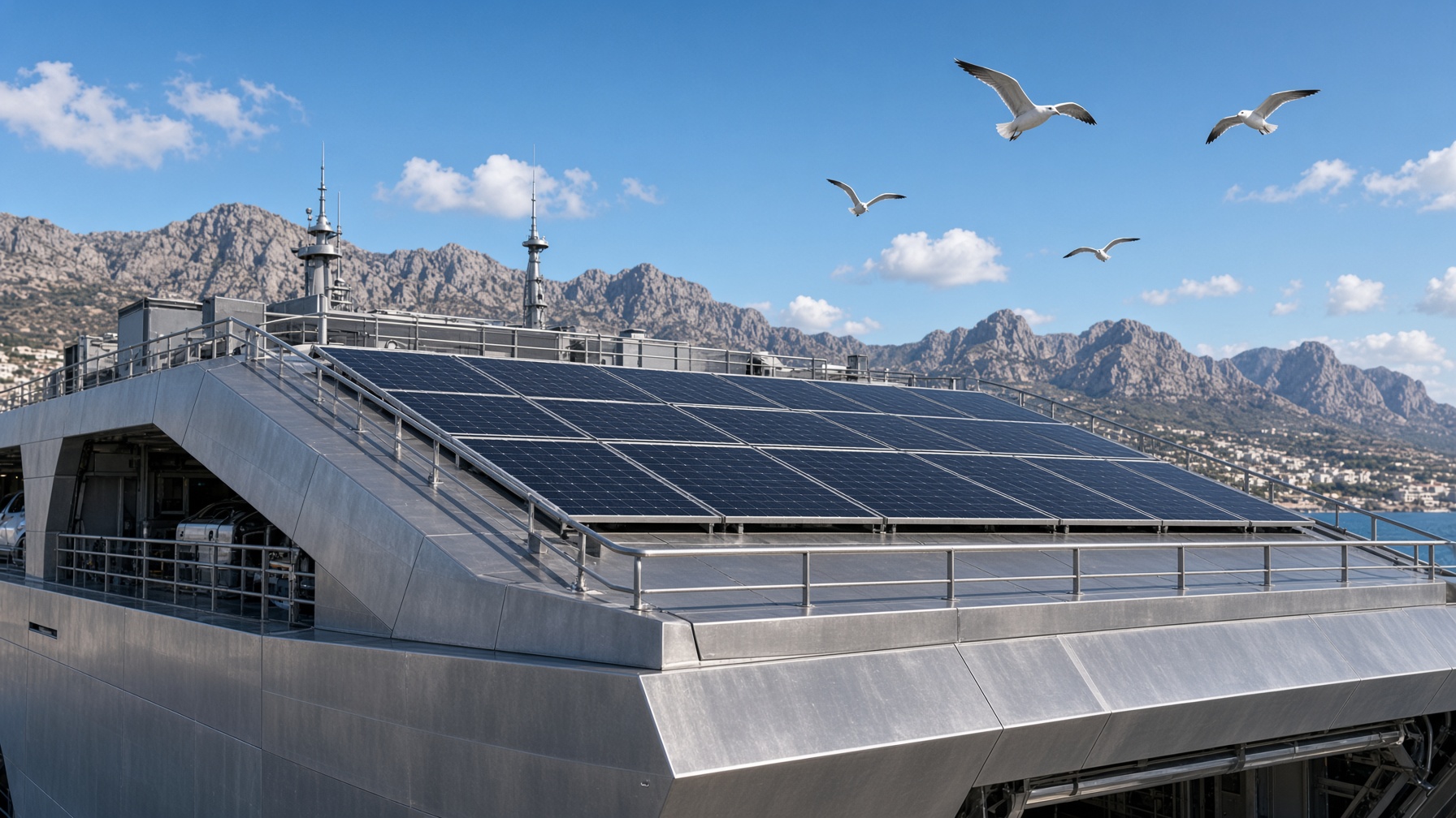 Weather-deck solar arrays on the stainless Tesla carrier